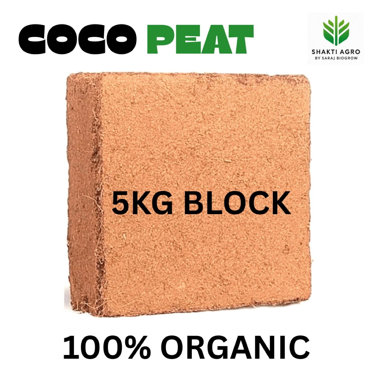A 5 kg compressed cocopeat block in Shakti Agro packaging